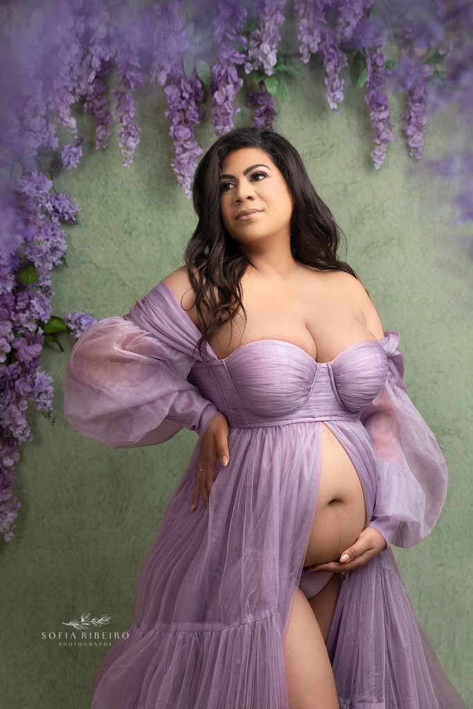 mom poses in purple tulle gown during maternity photos in ridgefield nj