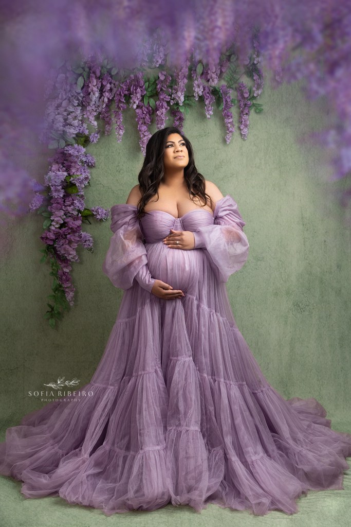 mom poses in purple tulle gown during maternity photos in ridgefield nj