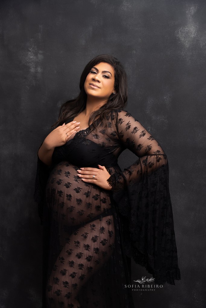 an elegant black lace dress showcases moms bump during maternity photos in ridgefield nj
