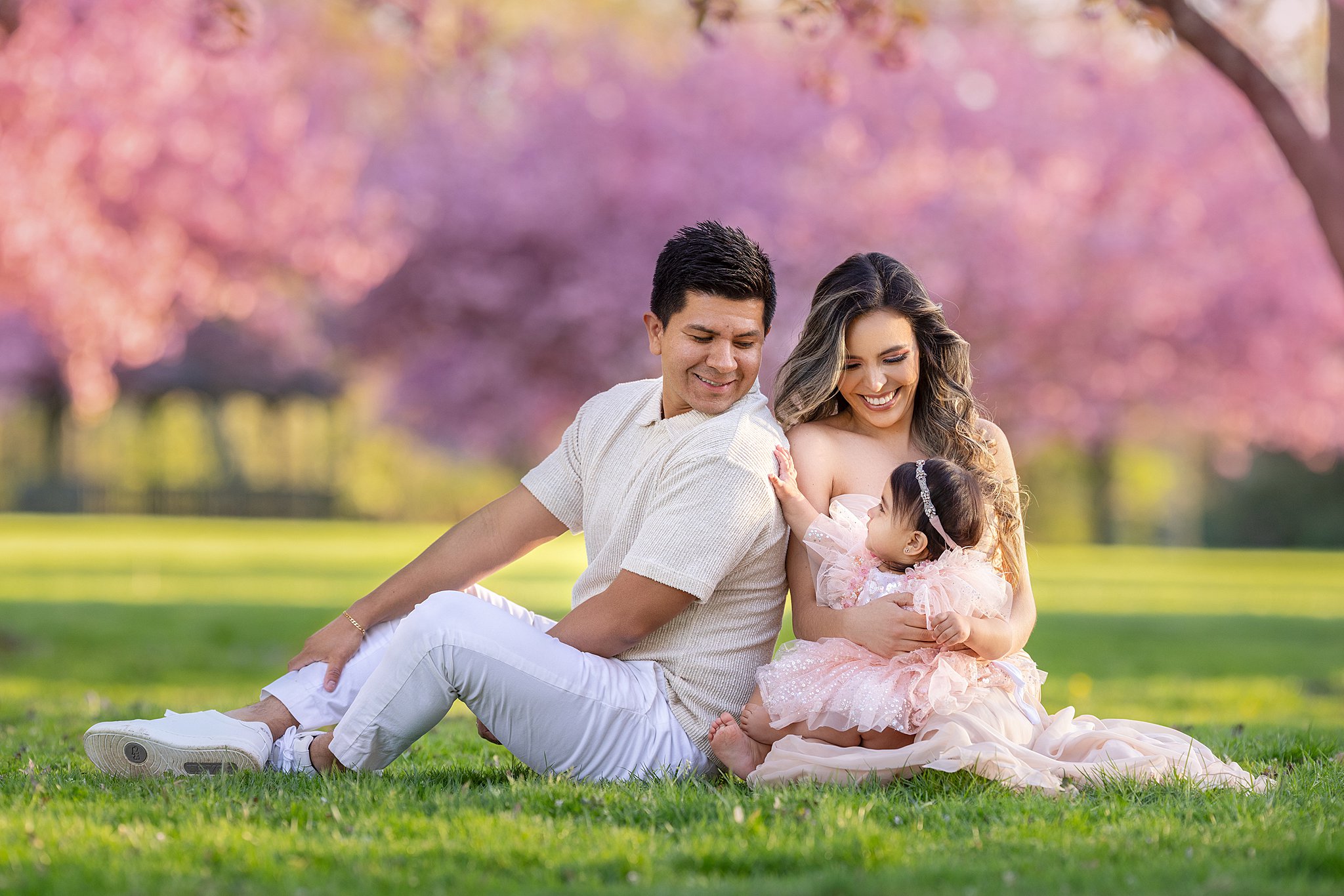 A toddler girl in a pink gown sits in mom's lap while reaching for daddy in a park lawn under cherry blossoms in NJ