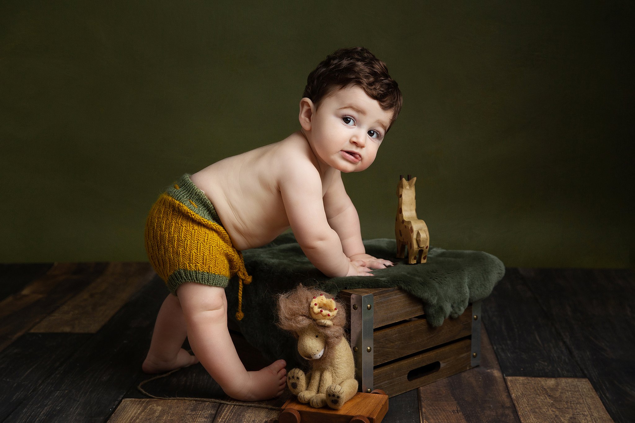 A toddler boy in knit orange shorts climbs on a box with animal toys in a studio after visiting pediatricians morristown nj