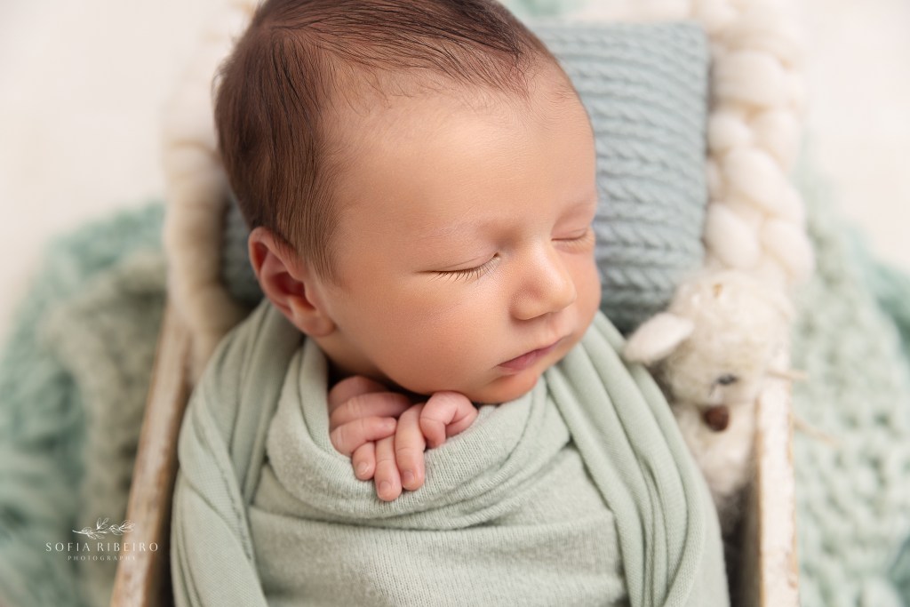 newborn boy wrapped in sage green wrap in a crate prop