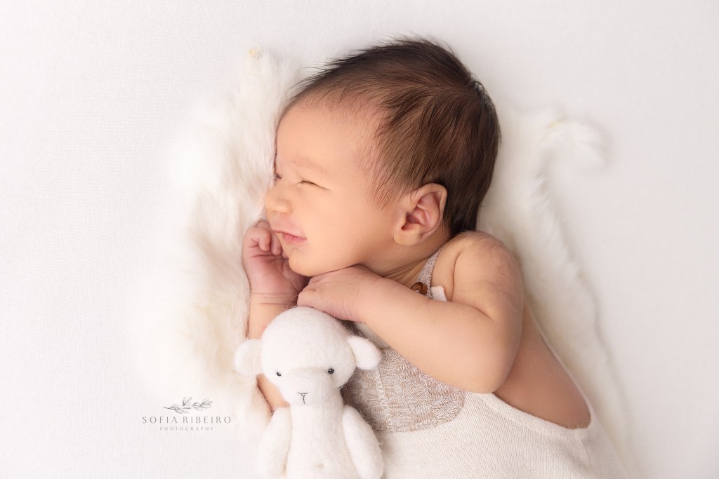 baby boy smiles with a snuggly teddy bear during newborn photos