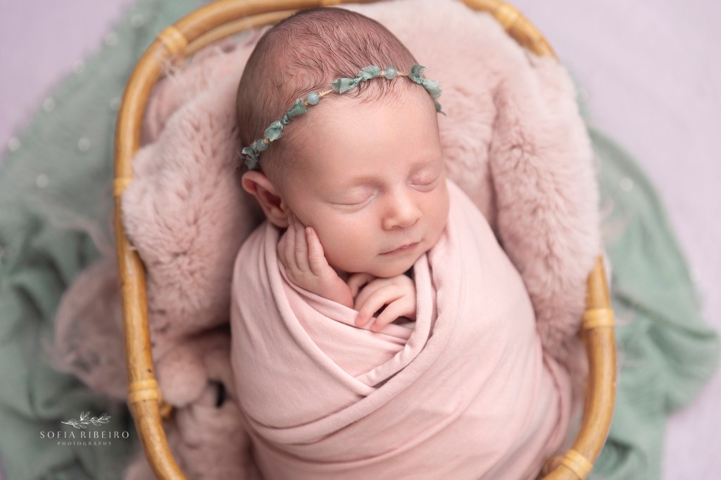 baby girl is tucked into a pink basket with a green headband during her newborn photos