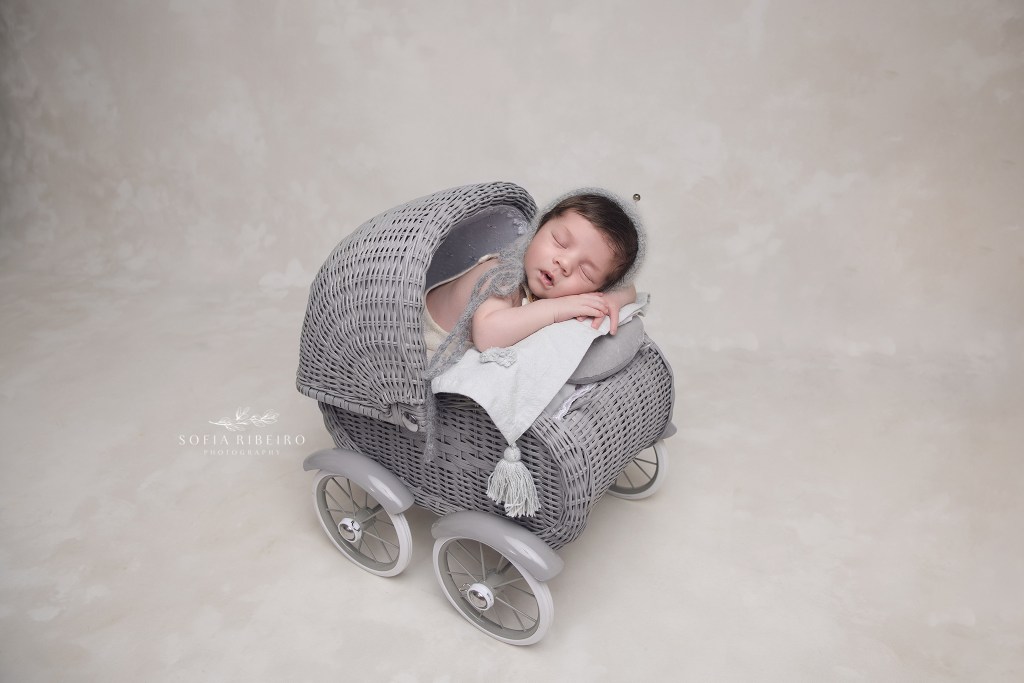 baby boy is posed in a baby carriage prop for photos