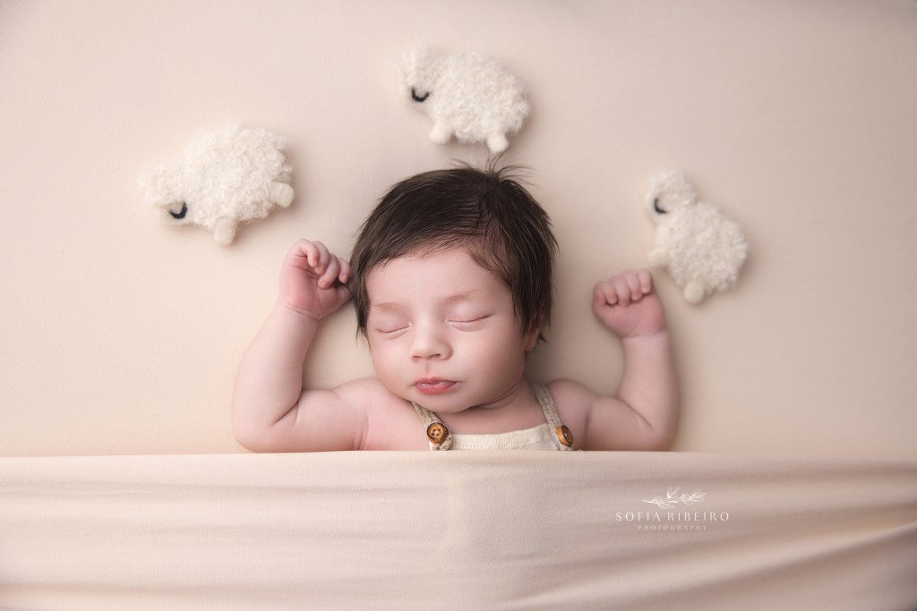 baby boy with an amazing head of hair sleeps soundly during newborn photos