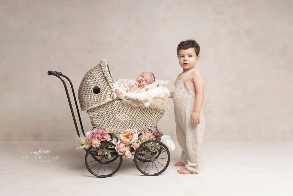 big brother poses with his sister in a baby carriage for a timeless newborn portrait