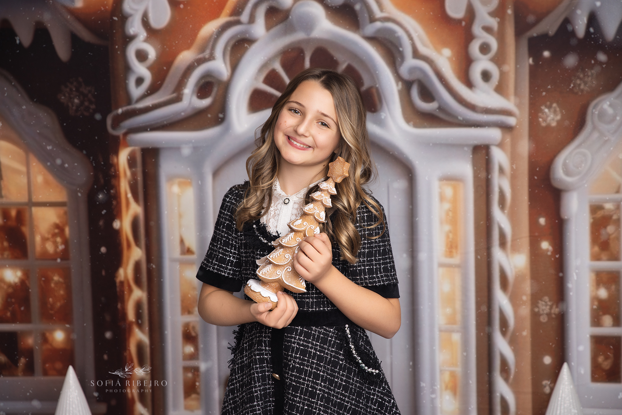 A young girl in a black and white dress smiles while holding a wooden christmas tree in front of a ginger bread house during Indoor Activities For Kids in NJ