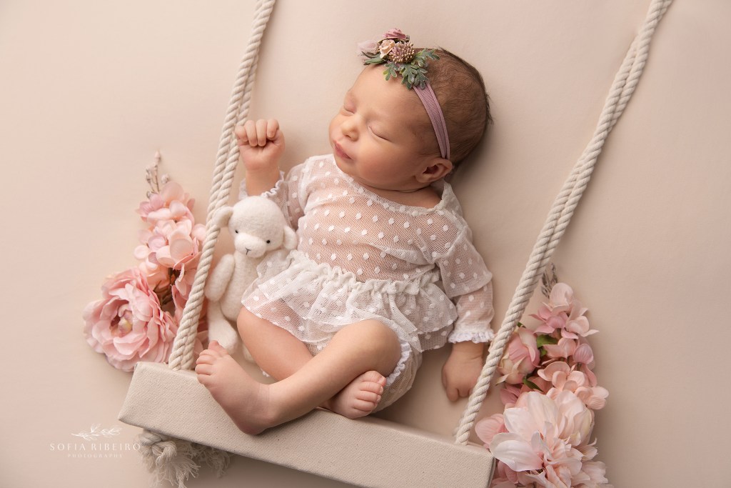 a newborn photographer poses a baby girl in a floral swing prop while she sleeps