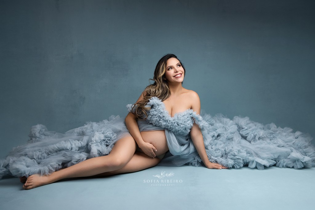 glen ridge nj maternity photographer captures a radiant mom in a tulle blue gown