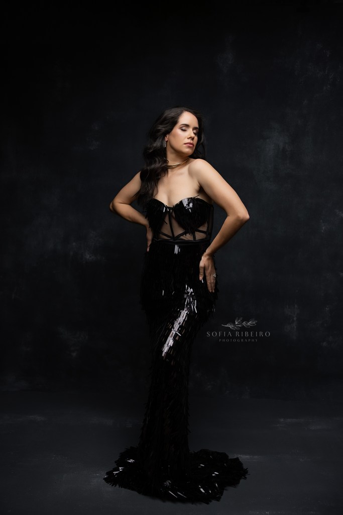 a refined portrait for a 40th birthday photo session in black on black