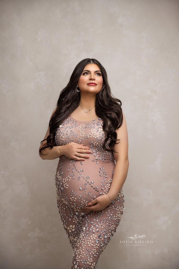 green brook nj maternity photographer captures a radiant mom in a bejeweled body hugging dress for a portrait