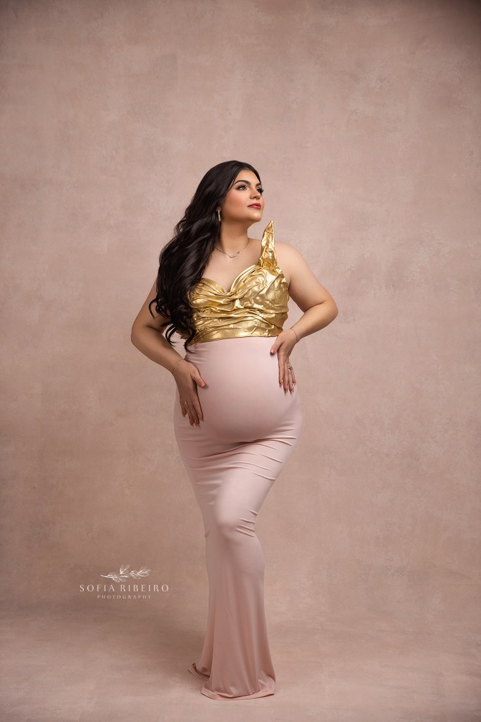 green brook nj maternity phtoographer captures mom to be in a statuesque pose in a gold bodice and pink skirt
