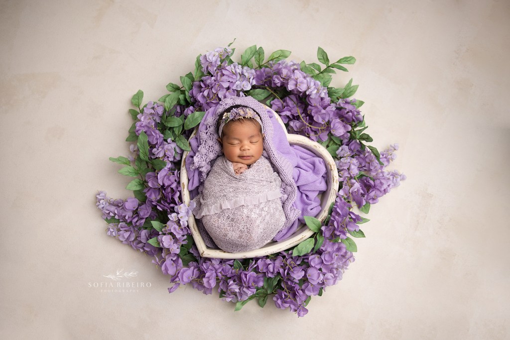 sussex nj newborn photographer captures a newborn wrapped in a heart prop surrounded with purple flowers