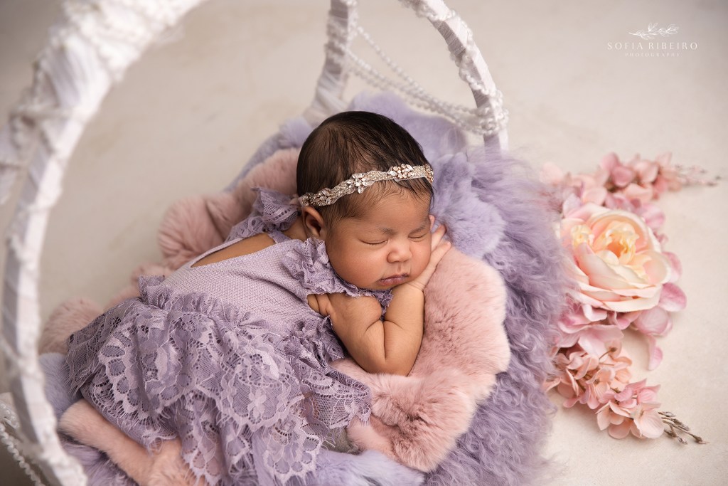 a nj newborn photographer poses a baby girl on muted blush and purple tones in a basket prop