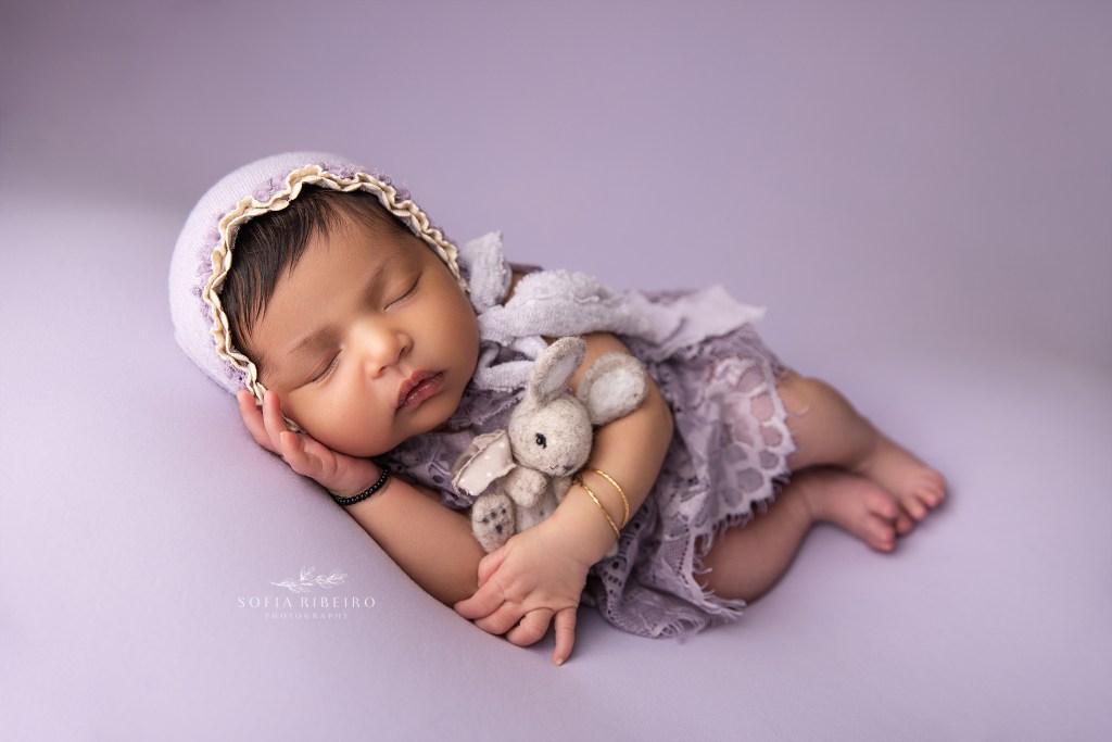 soft purple tones frame a newborn baby girl cradling a felted bunny prop