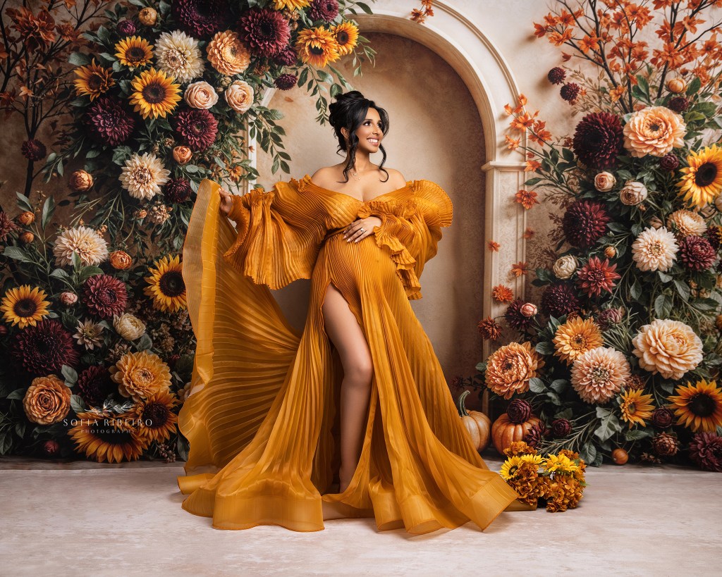 Soft and dreamy maternity session with mom in yellow dress at a studio in Princeton.