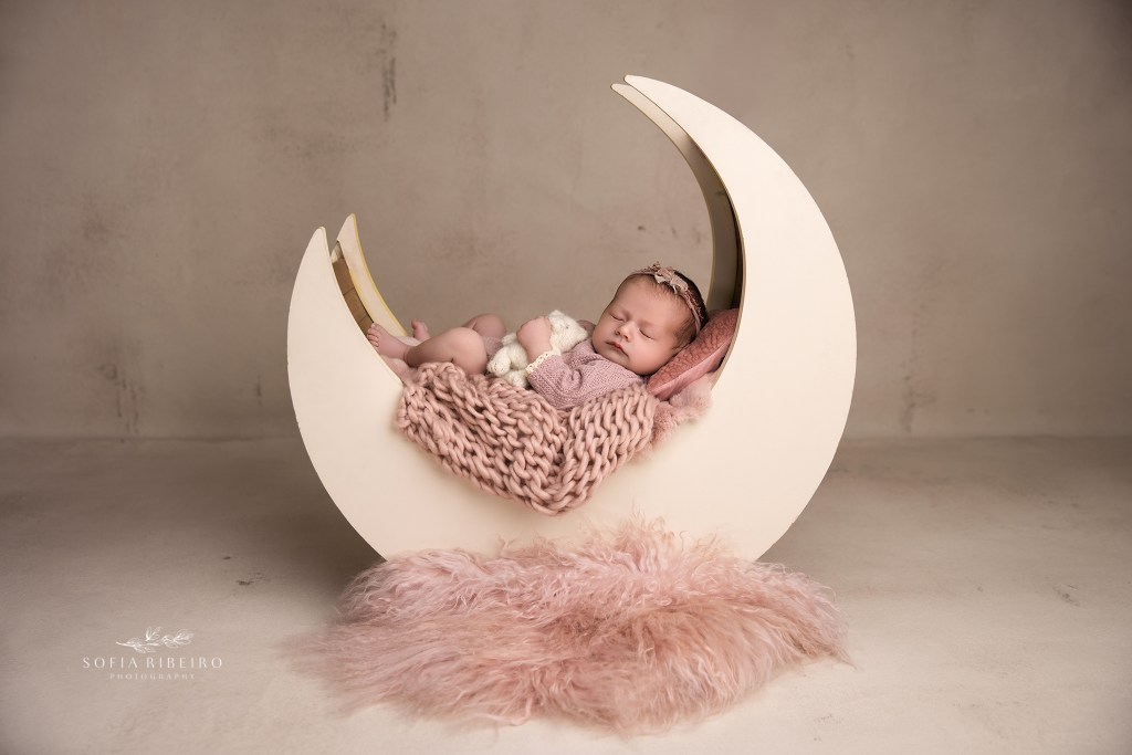 nj newborn photographer poses a baby girl in a moon prop.
