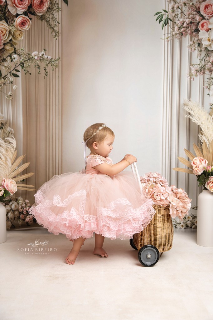 baby girl in anna triant couture pink tulle dress for mommy and me photos