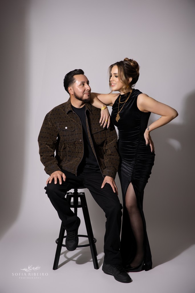 an elegant couples portrait captured in studio for a 40th birthday photo session