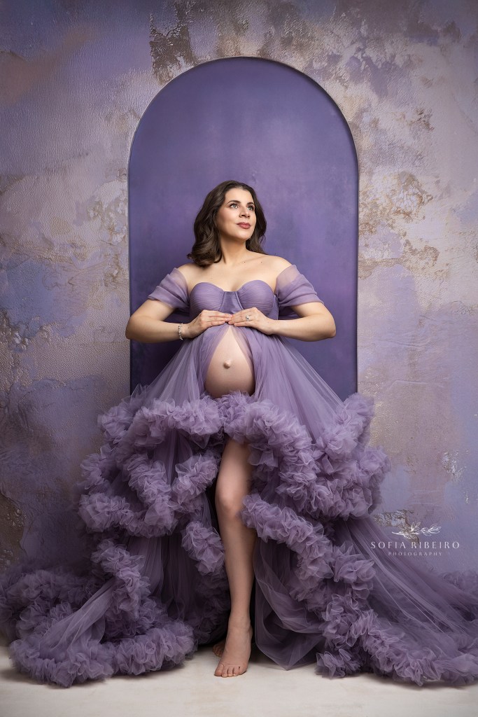 mom to be stuns in a lavender gown during maternity photos in east hanover nj