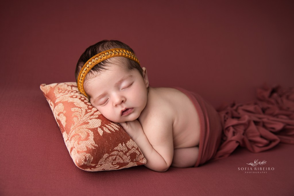 newborn baby girl propped on pillow for photos in nj newborn studio