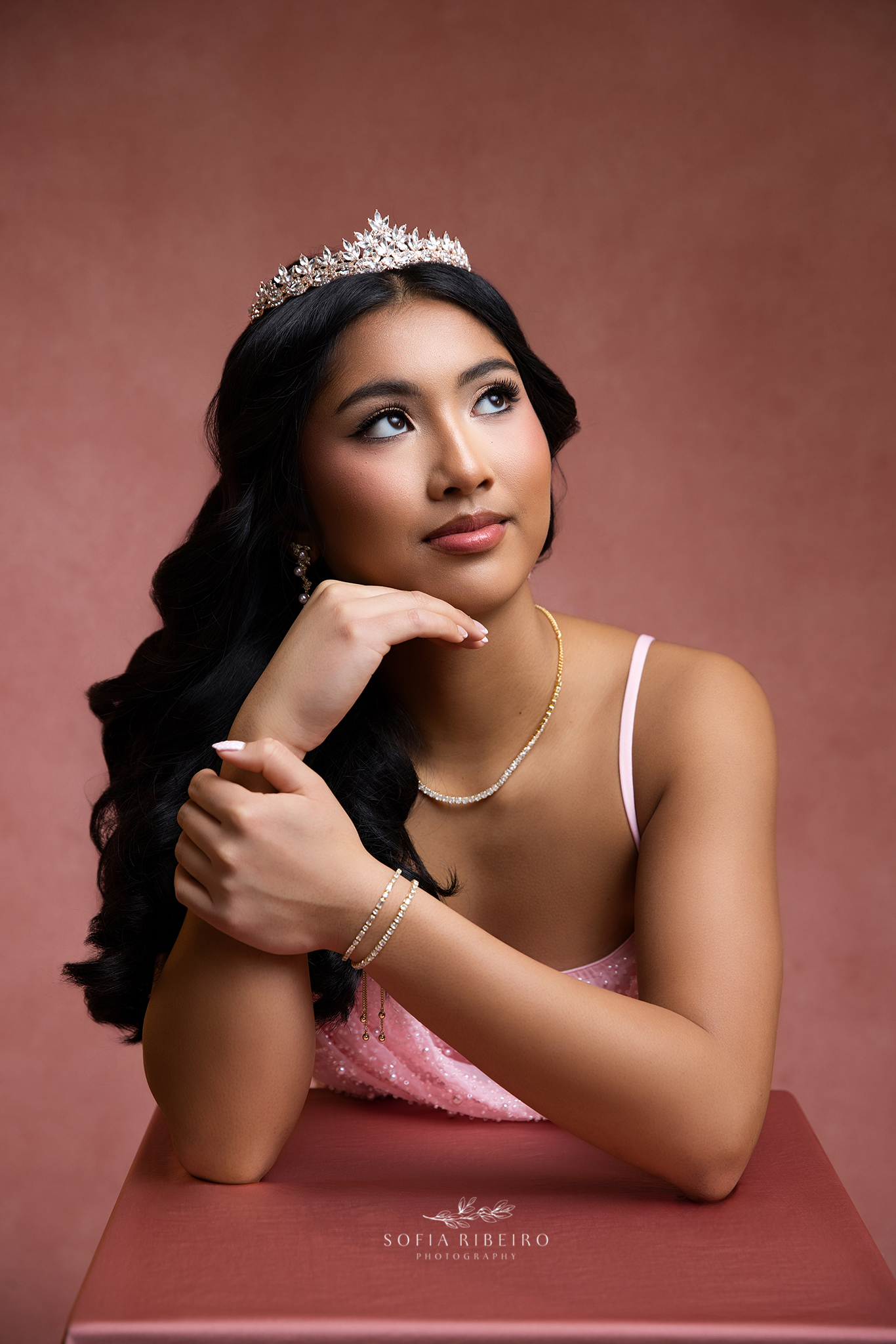 a closeup portrait showing a beautiful sixteen year old for her special day in shades of pink