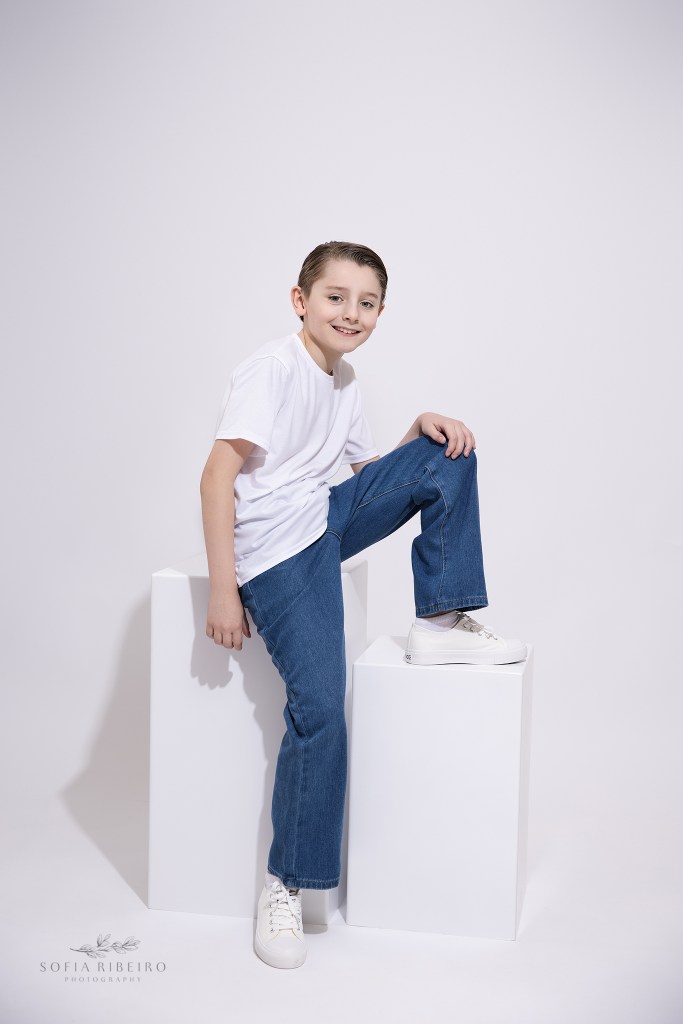 nj children's headshot photographer captures a boy on posing blocks