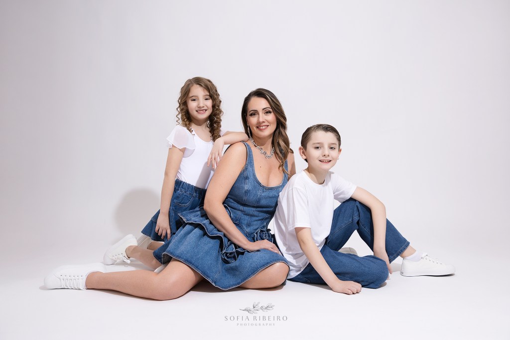 nj family photographer captures a mom and me session with mom and two kids in matching denim looks