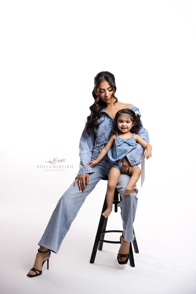 a casual look for mommy and me photos featuring matching denim looks for baby and mom