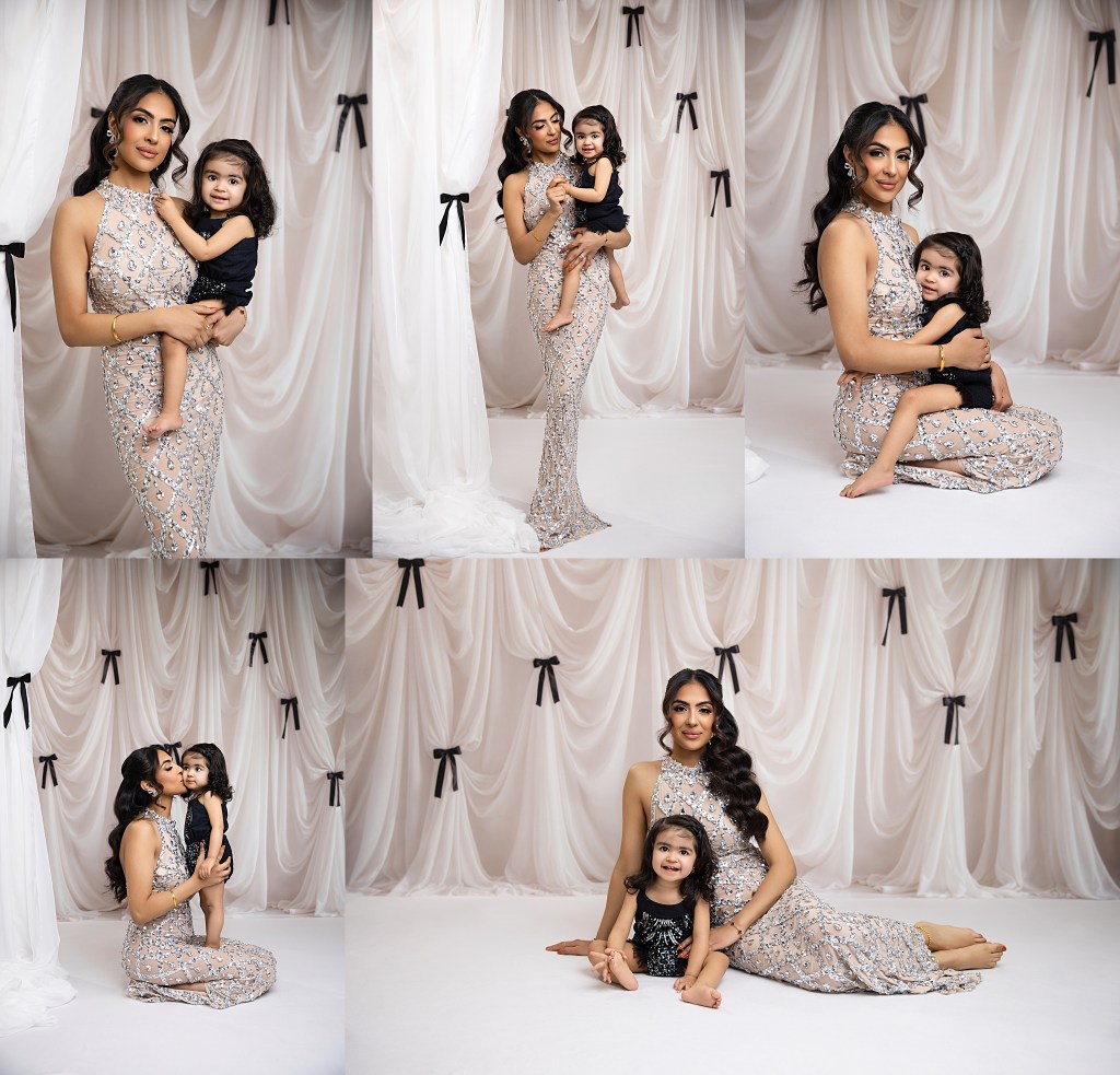a collage of gorgeous mommy and me photos from a session at sofia ribeiro photography's studio in new jersey