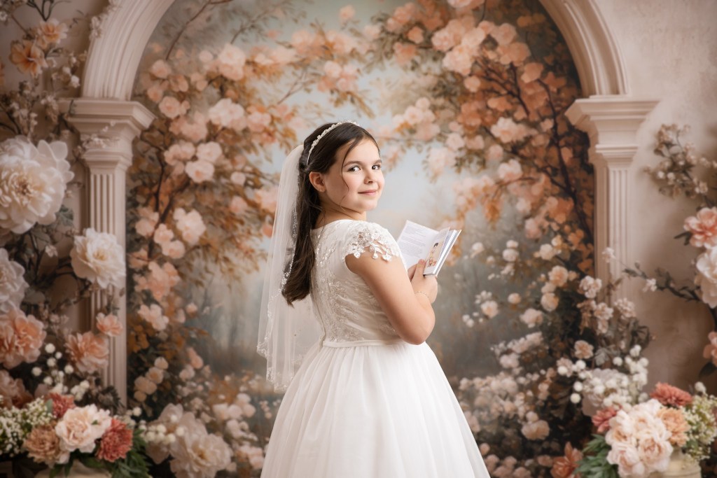 first holy communion photography in nj, specializing in fine art portraits of your child against in studio backdrops