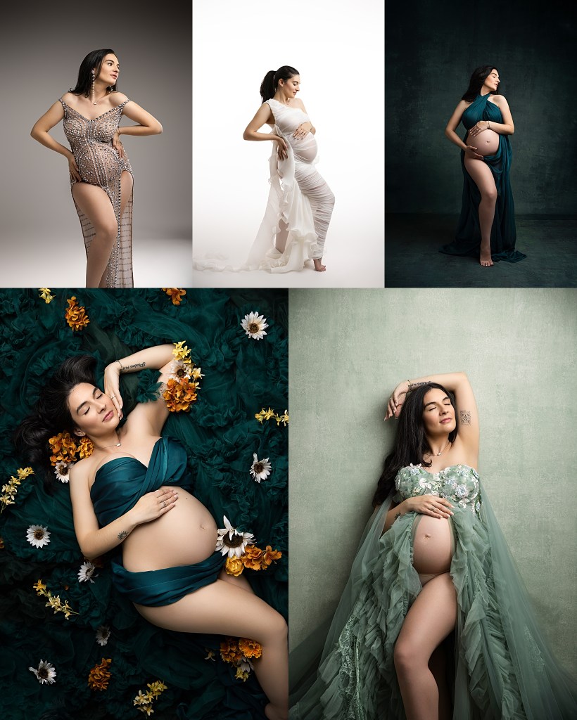 earthy whimsical tones balance with a modern white aesthetic for a beautiful mix of color in these maternity portraits