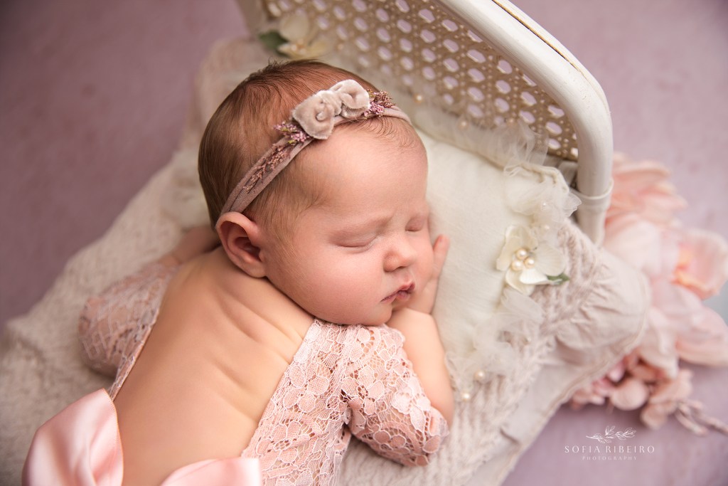 a newborn baby girl posed on a bed prop in a nj newborn photography studio