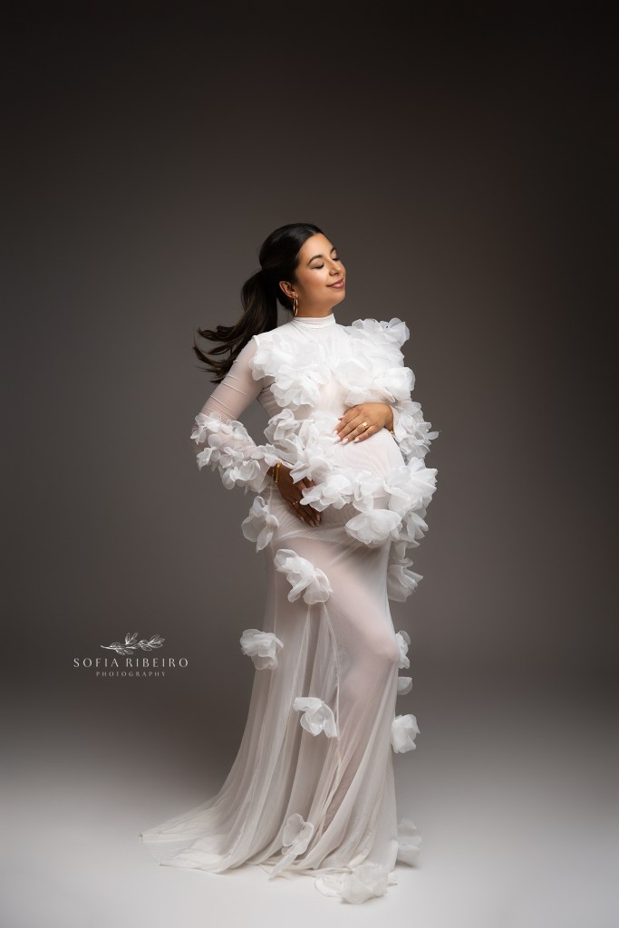 a fine art maternity protrait featuring mom to be in a sheer floral applique gown against an ombre grey backdrop