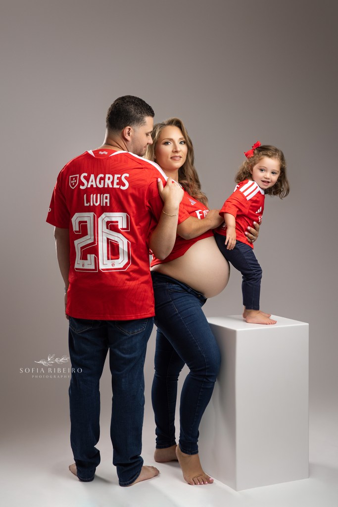 personalized benfica shirts during maternity photo session in nj; sports themed maternity image